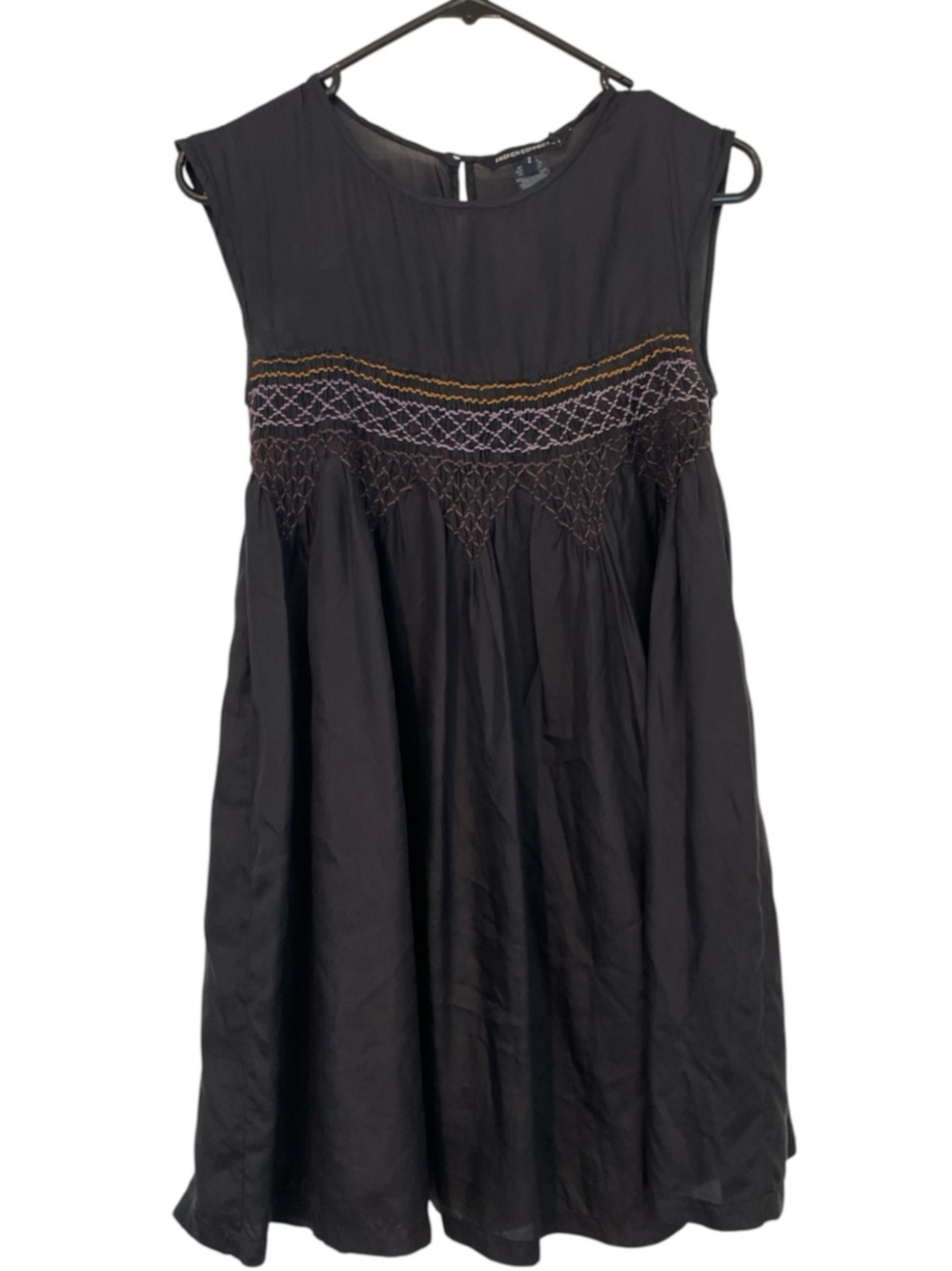 French Connection Black Sleeveless Silk Dress with Pink & Gold Embroidery Sz 2